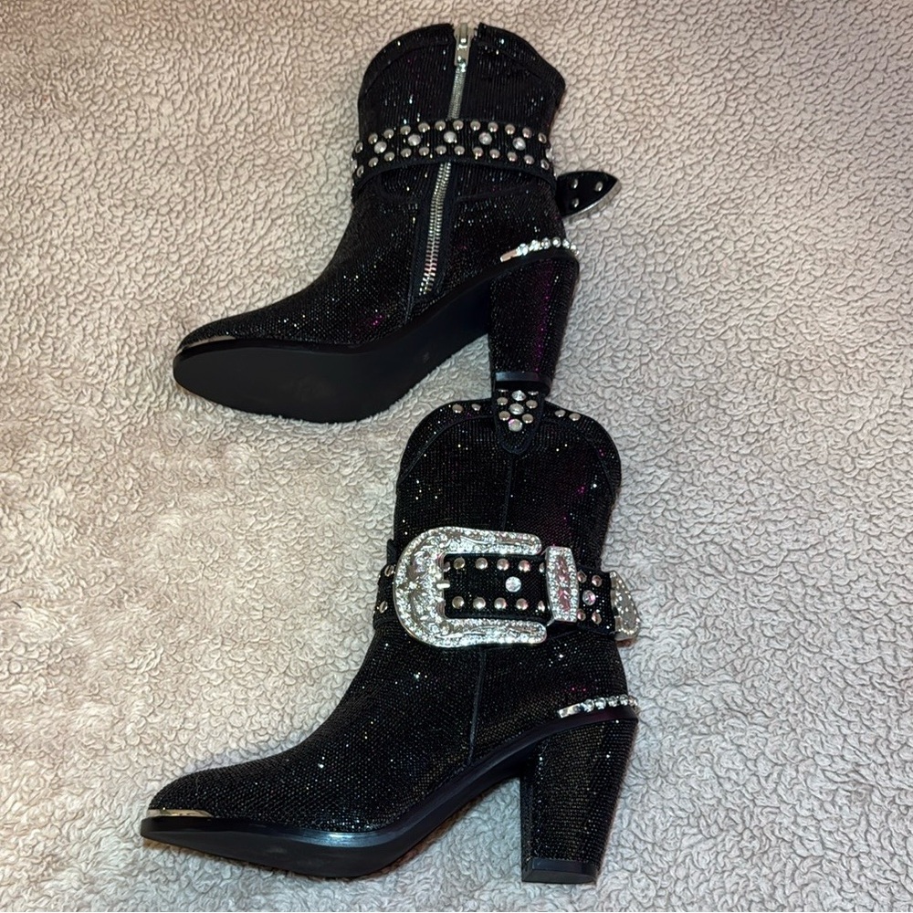 Black Glitter Ankle Boots with Rhinestone Buckle